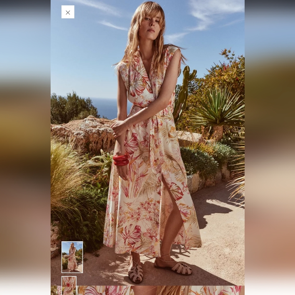 Zara Tropical Floral Maxi Dress - Cream and Pink